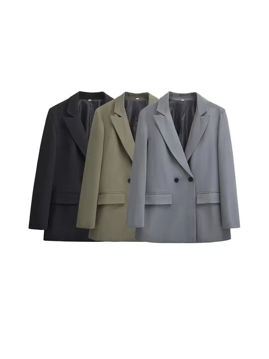 TRZA - Blazer feminino de abotoamento duplo para escritório, manga comprida, bolsos com aba, agasalho feminino, blusas chiques, moda