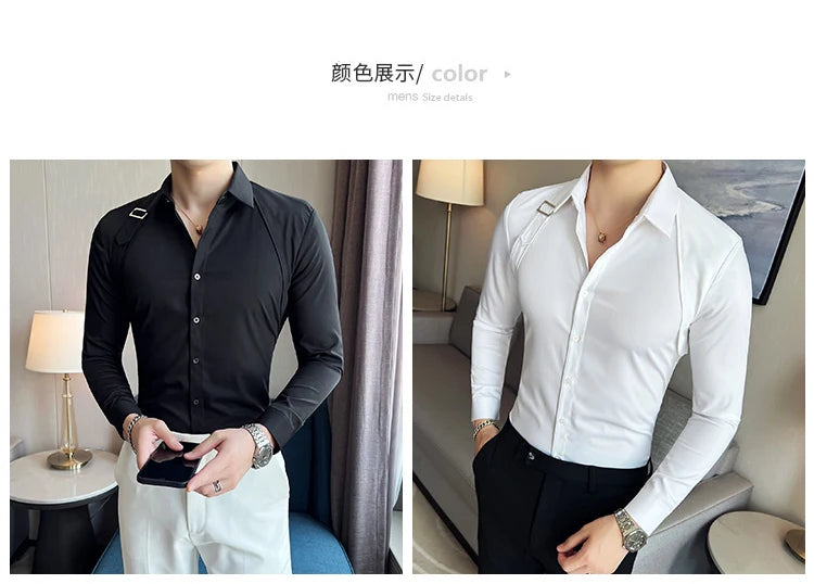 Camisa con diseño decorativo de tiras, ropa para hombre 2023, camisa coreana de manga larga, corte entallado, informal, ideal para discotecas y bailes de graduación.