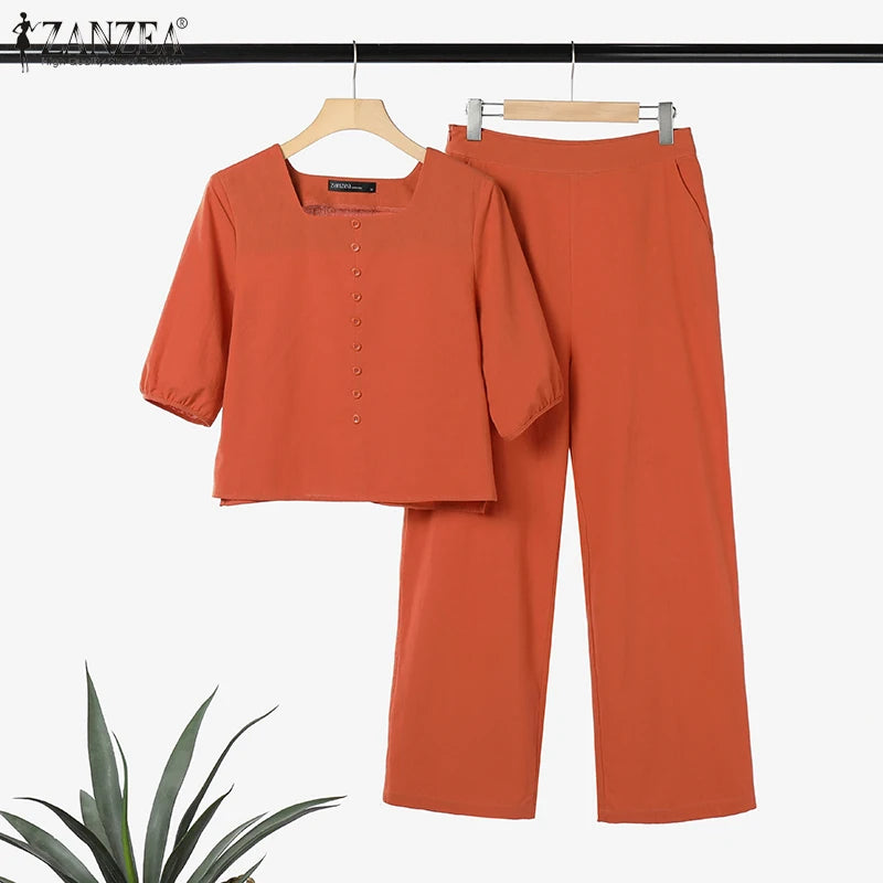 ZANZEA Conjuntos de verão elegantes combinando femininos, conjuntos de calças com manga bufante, 2 peças, calças de trabalho lisas, OL, agasalho 2023