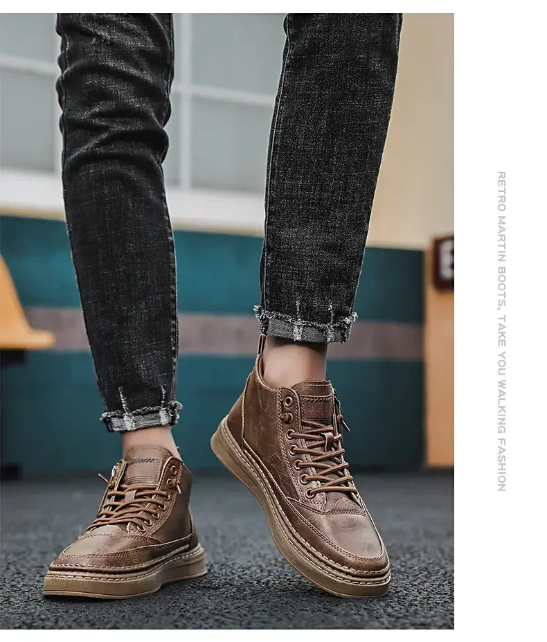 Botas masculinas de inverno, sapatos de couro de cano alto da moda, sapatos de algodão, botas de cano curto da moda, sapatos casuais para negócios e atividades ao ar livre, tênis masculinos novos