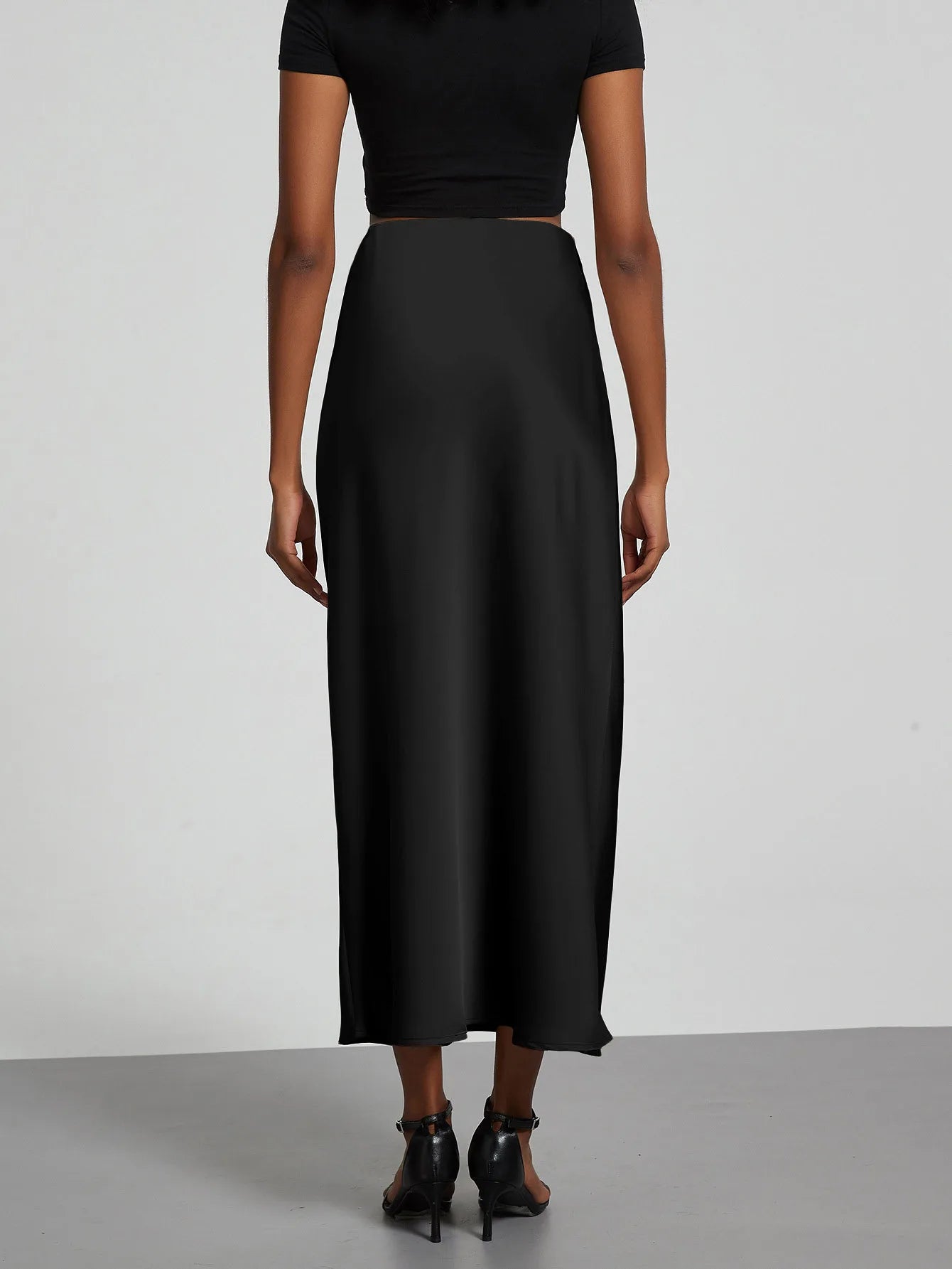 Falda larga de satén de moda para fiesta, cintura alta, color liso, informal, básica, de cola de pez, atuendo elegante de verano para mujer 2025