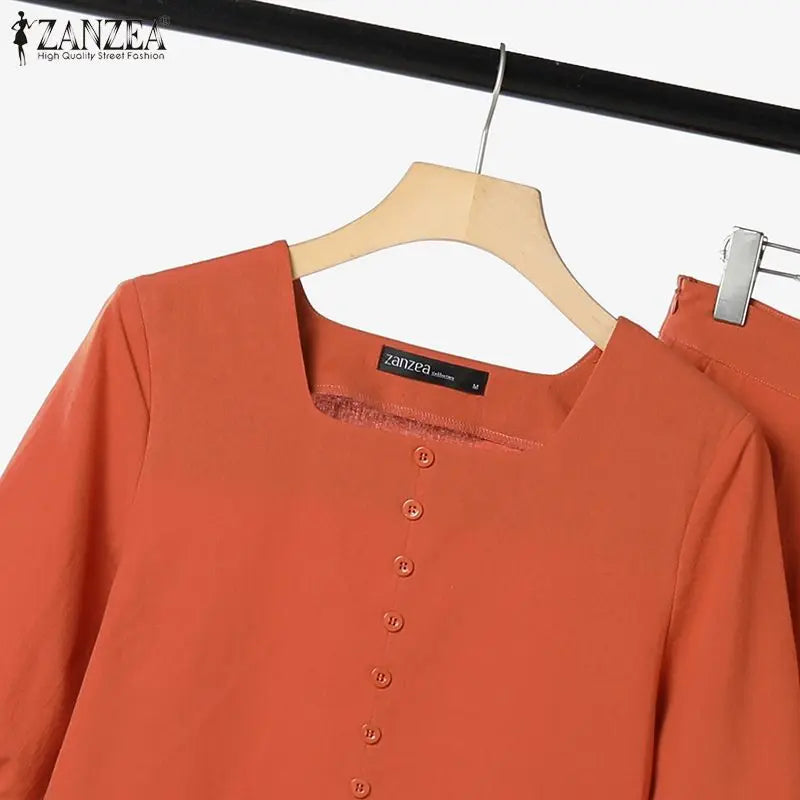 ZANZEA Conjuntos de verão elegantes combinando femininos, conjuntos de calças com manga bufante, 2 peças, calças de trabalho lisas, OL, agasalho 2023