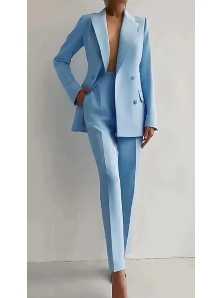 Conjunto de terno casual de manga comprida para primavera e outono, elegante, para escritório, feminino, cor sólida, slim, tops, blazer e calças, conjunto de duas peças, roupa feminina 2025