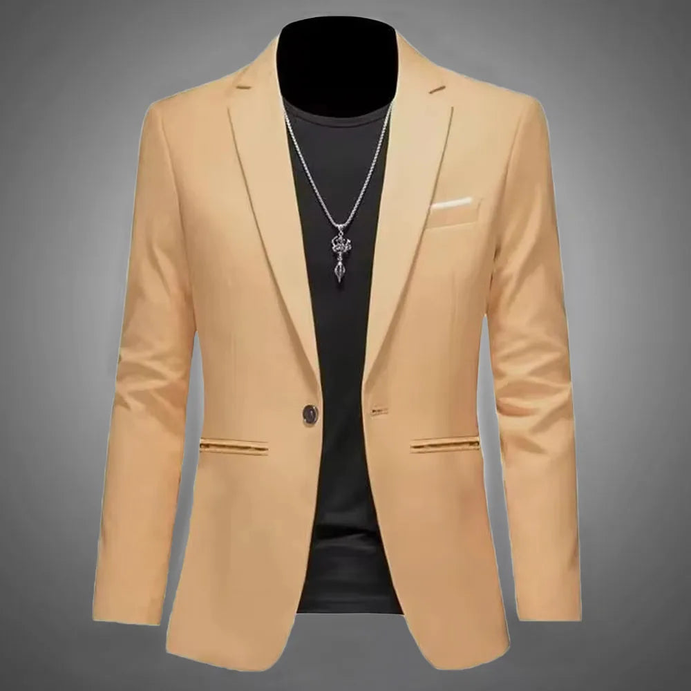 Chaqueta de traje informal de estilo boutique para hombre, de otoño, de corte entallado, sin planchado, con un solo botón, blusa formal lisa