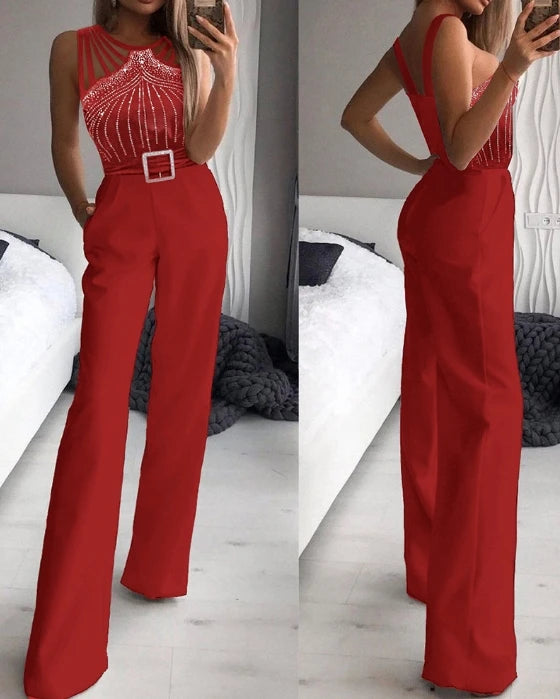 Macacão feminino sexy 2023, gola virada para baixo, sem mangas, skinny, alargado, peça única, roupa da moda, macacão