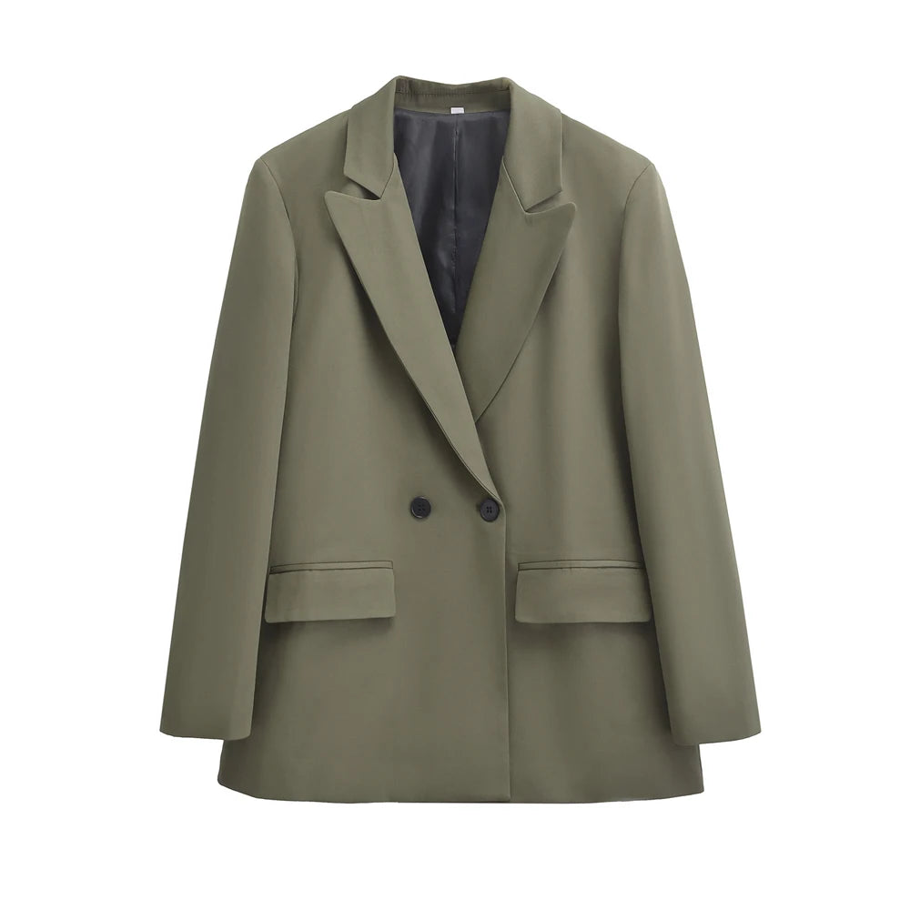 TRZA - Blazer feminino de abotoamento duplo para escritório, manga comprida, bolsos com aba, agasalho feminino, blusas chiques, moda