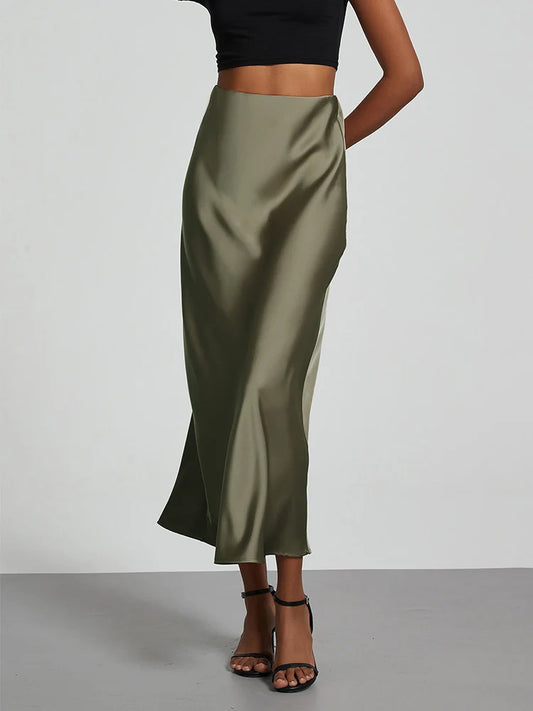 Fashion Satin Long Skirt for Party High Waist Solid Color Casual Basic Women Fishtail Skirt Summer Chic Outfit for Women 2025
