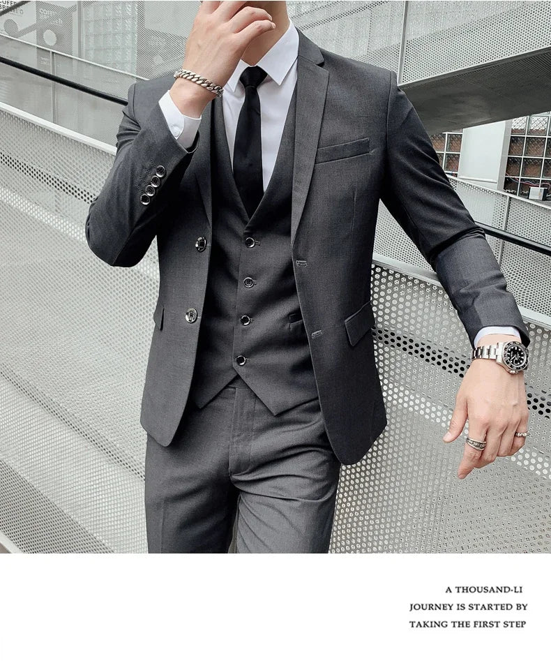 Terno (blazer + colete + calça) masculino, estilo executivo, slim, cor sólida, plus size, vestido justo, casamento, padrinho