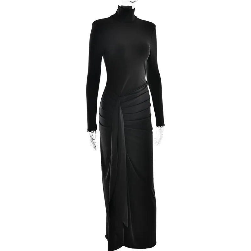 Mozision Vestido longo sexy com gola alta e fenda alta, para mulheres, moda, manga comprida, drapeado, bandagem, justo, clube, vestido longo