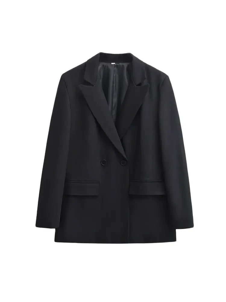 TRZA - Blazer feminino de abotoamento duplo para escritório, manga comprida, bolsos com aba, agasalho feminino, blusas chiques, moda