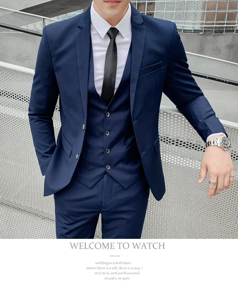 Terno (blazer + colete + calça) masculino, estilo executivo, slim, cor sólida, plus size, vestido justo, casamento, padrinho