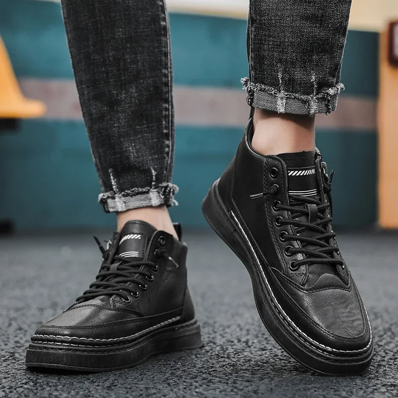 Botas masculinas de inverno, sapatos de couro de cano alto da moda, sapatos de algodão, botas de cano curto da moda, sapatos casuais para negócios e atividades ao ar livre, tênis masculinos novos