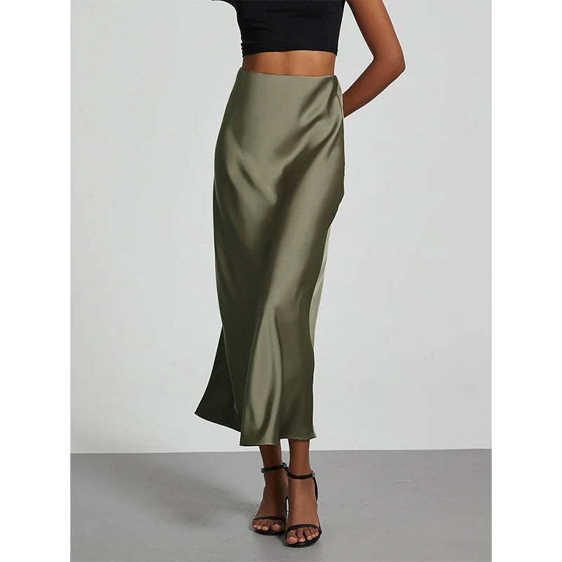 Falda larga de satén de moda para fiesta, cintura alta, color liso, informal, básica, de cola de pez, atuendo elegante de verano para mujer 2025