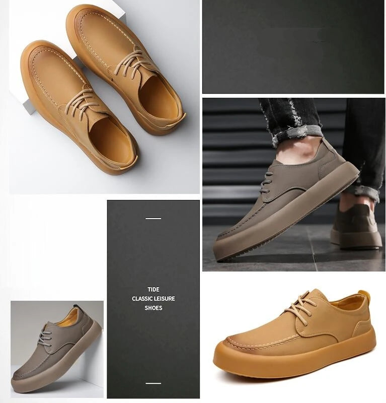 Men's retro handmade leather casual lace-up shoes, non-slip sole, classic stitching, comfortable, slip-on, spring and summer, work