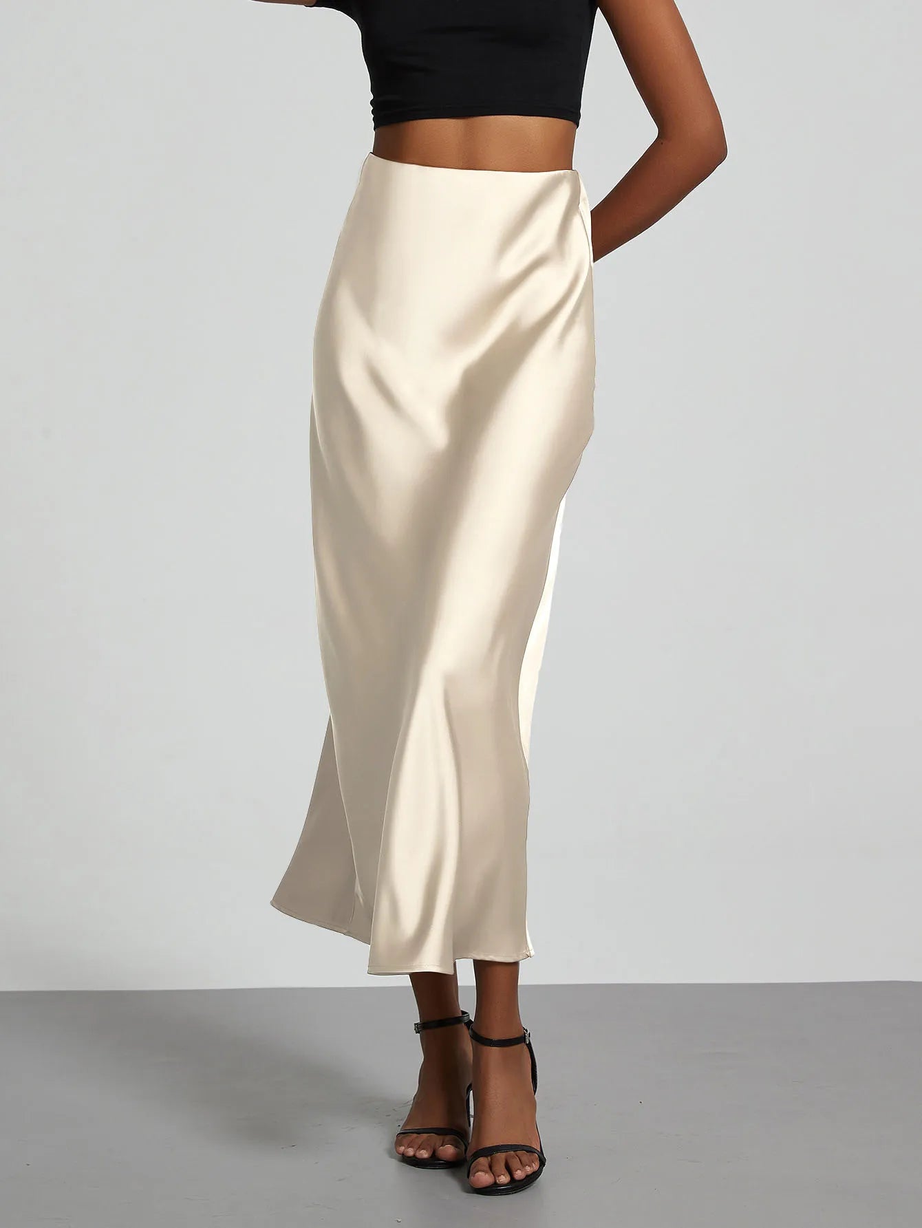 Falda larga de satén de moda para fiesta, cintura alta, color liso, informal, básica, de cola de pez, atuendo elegante de verano para mujer 2025