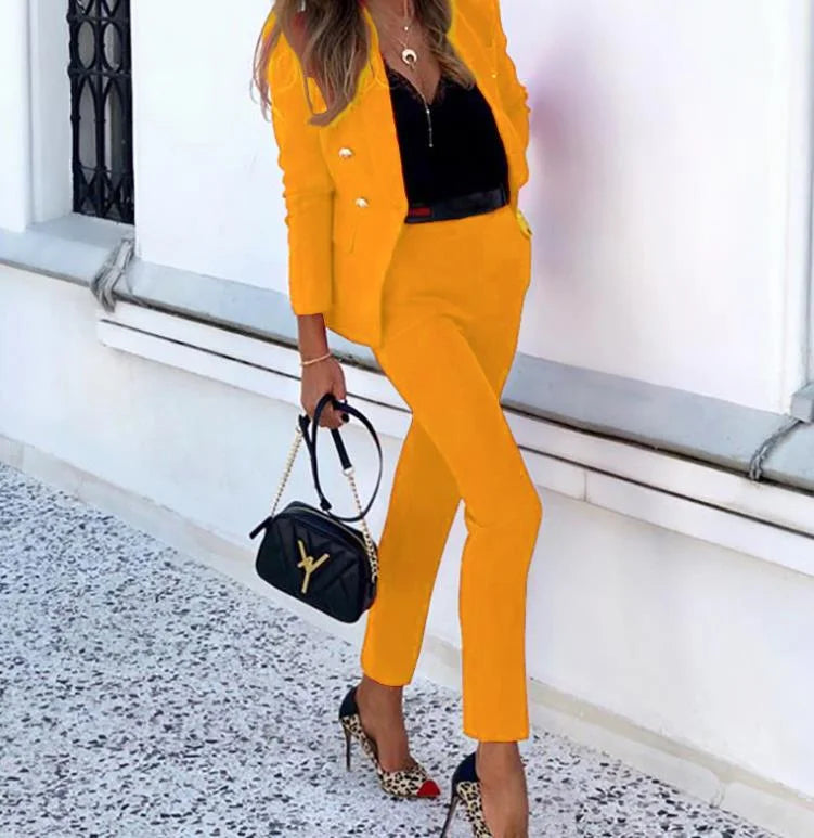 Conjunto casual de blazers com frente aberta, calça lápis vermelha, conjunto de manga comprida, jaqueta blazer para escritório, duas peças, traje feminino para escritório