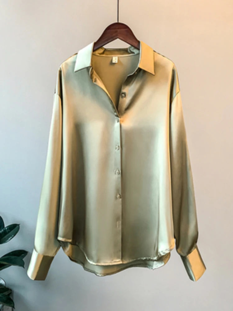 Blusa feminina de manga comprida para escritório, outono de 2023, sobrecamisa de cetim, roupa feminina elegante, estilo coreano, blusa de grife de luxo