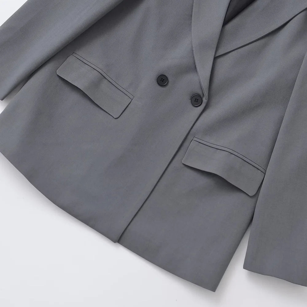TRZA - Blazer feminino de abotoamento duplo para escritório, manga comprida, bolsos com aba, agasalho feminino, blusas chiques, moda