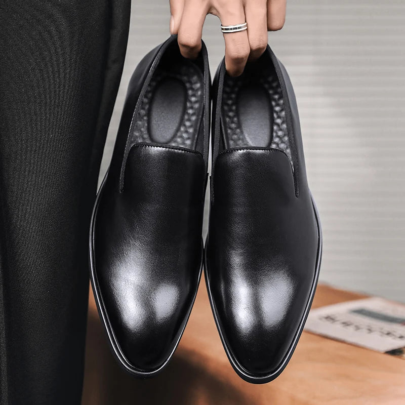 Zapatos formales de cuero sin cordones para hombre, mocasines casuales, zapatos de boda negros, elegantes zapatos Oxford de punta puntiaguda para oficina