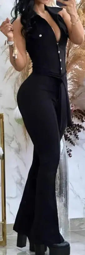 Macacão feminino sexy 2023, gola virada para baixo, sem mangas, skinny, alargado, peça única, roupa da moda, macacão