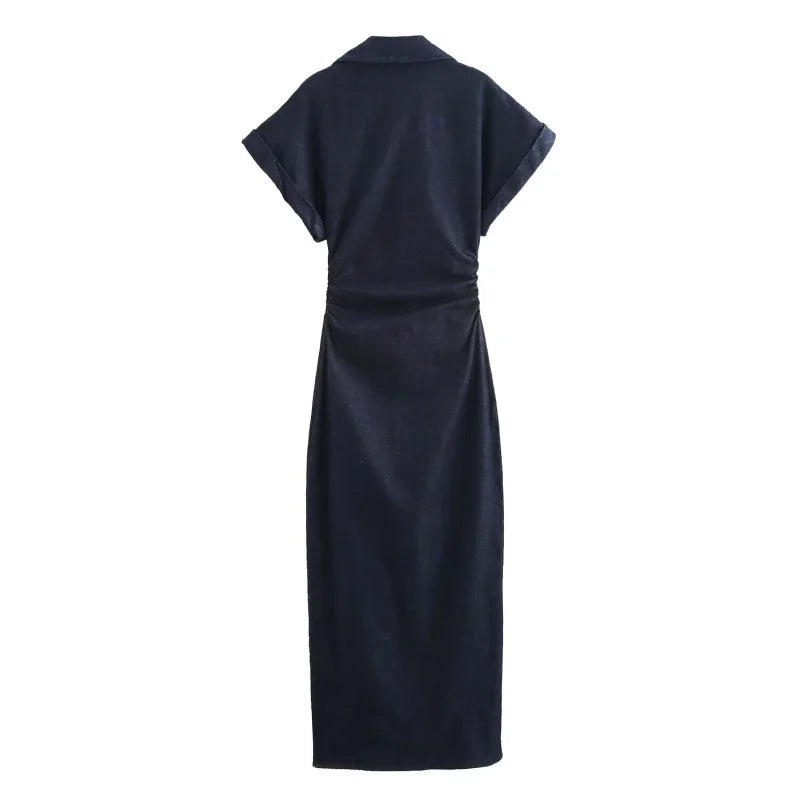 Vestido MIDI de mezclilla con solapa y cremallera lateral, estilo ETJ 2025 traf Primavera 1975, cintura arrugada, elegante y ajustado.