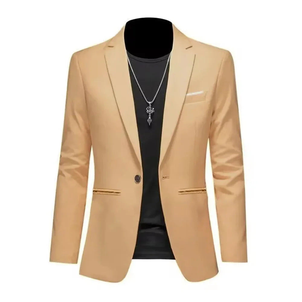 Chaqueta de traje informal de estilo boutique para hombre, de otoño, de corte entallado, sin planchado, con un solo botón, blusa formal lisa