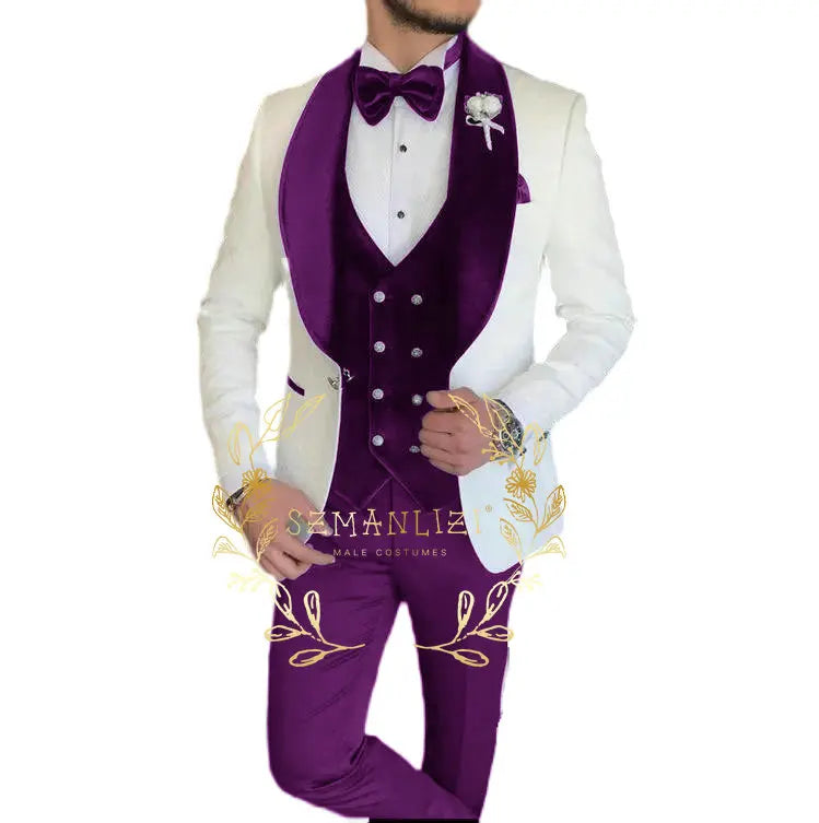 Conjunto de 3 piezas de blazer jacquard con estampado de cachemira blanca para hombre, traje de fiesta, esmoquin para novio, trajes de boda