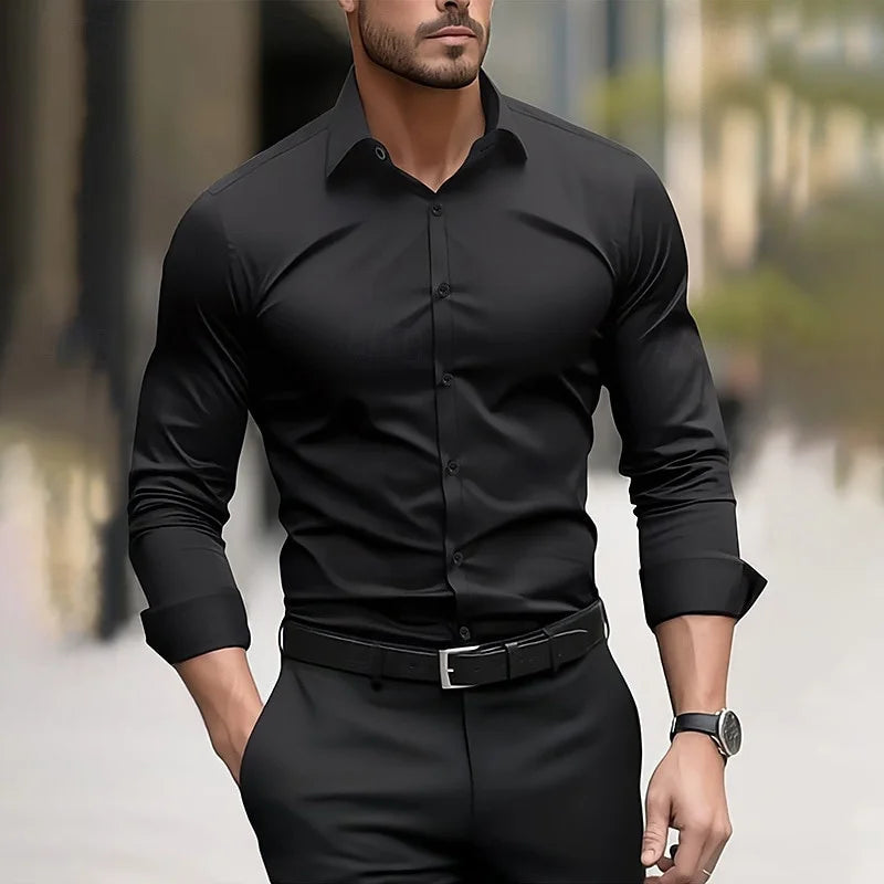 Camisa formal para hombre, color liso, para boda, exterior, negro, rojo, azul marino, verde oscuro, manga larga, solapa, ropa de verano y primavera, tallas XS-6XL