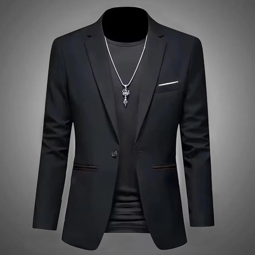 Chaqueta de traje informal de estilo boutique para hombre, de otoño, de corte entallado, sin planchado, con un solo botón, blusa formal lisa