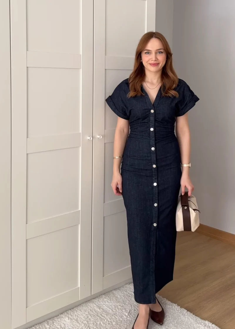 Vestido MIDI de mezclilla con solapa y cremallera lateral, estilo ETJ 2025 traf Primavera 1975, cintura arrugada, elegante y ajustado.