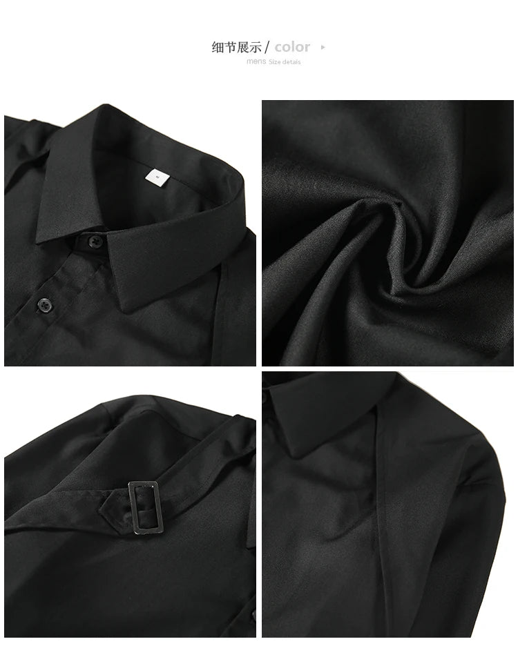 Camisa con diseño decorativo de tiras, ropa para hombre 2023, camisa coreana de manga larga, corte entallado, informal, ideal para discotecas y bailes de graduación.