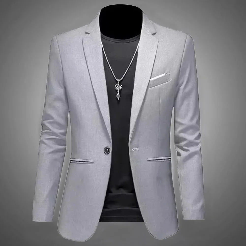 Chaqueta de traje informal de estilo boutique para hombre, de otoño, de corte entallado, sin planchado, con un solo botón, blusa formal lisa