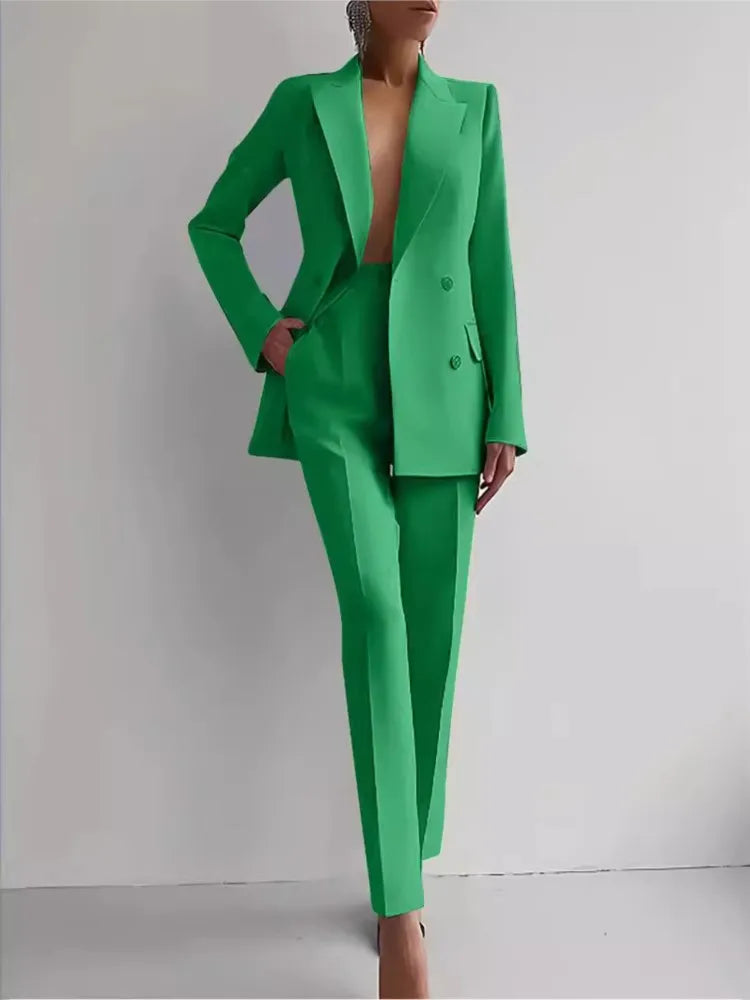 Conjunto de terno casual de manga comprida para primavera e outono, elegante, para escritório, feminino, cor sólida, slim, tops, blazer e calças, conjunto de duas peças, roupa feminina 2025