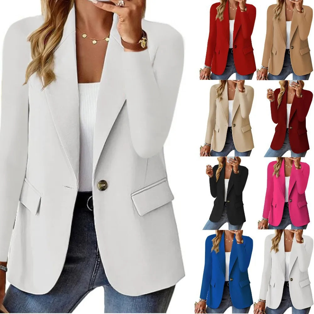 Blazer casual feminino da moda 2024 primavera outono novo cor sólida gola virada para baixo manga comprida casaco elegante para escritório