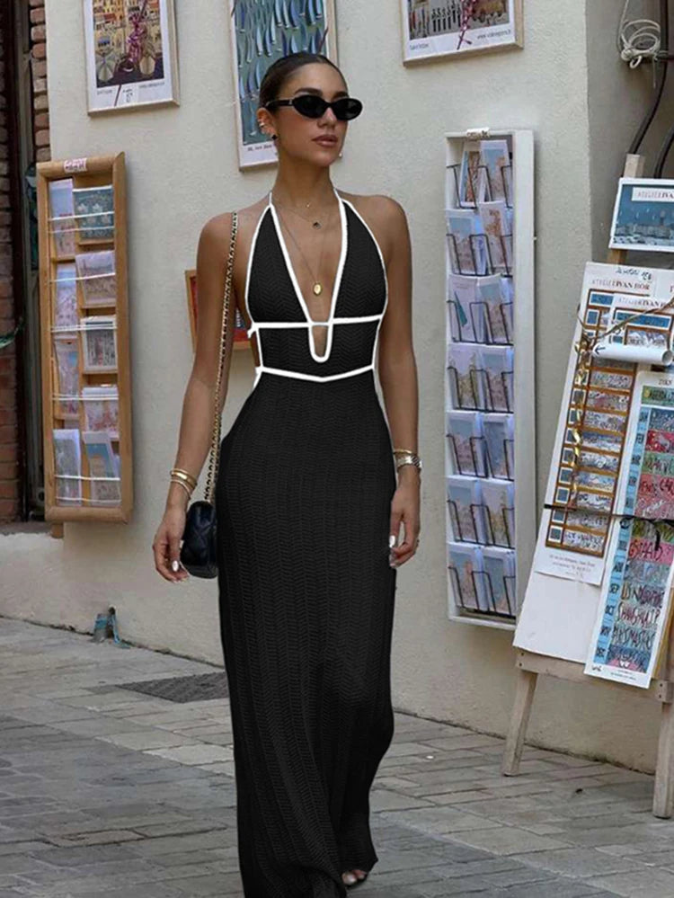 Vestido sexy y elegante con cuello halter para mujer, de verano, sin espalda, con cordones, con bloques de color, sin mangas, moderno, para discoteca, moda salvaje.