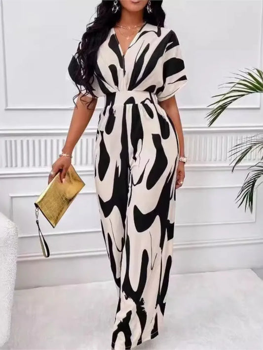 Macacão feminino da moda, manga curta, cintura alta, sexy, decote em V, estampa, perna larga, calças compridas, macacão de verão, novo, roupa casual feminina