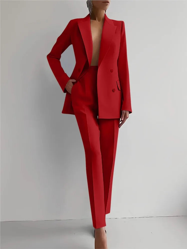 Conjunto de terno casual de manga comprida para primavera e outono, elegante, para escritório, feminino, cor sólida, slim, tops, blazer e calças, conjunto de duas peças, roupa feminina 2025