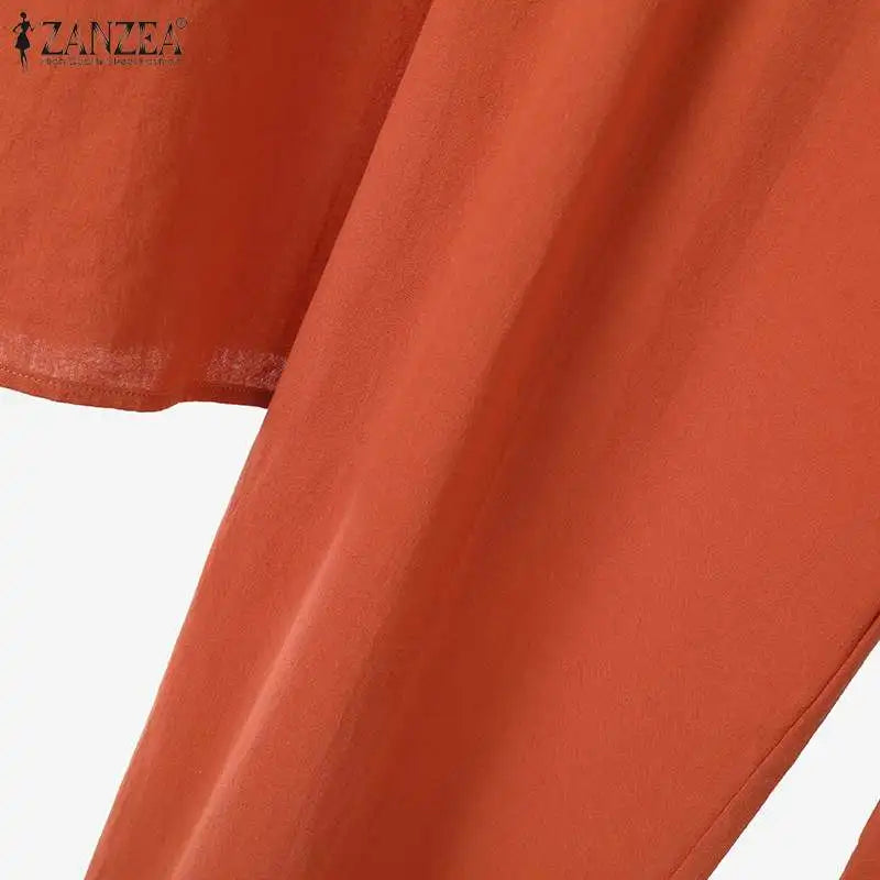 ZANZEA Conjuntos de verão elegantes combinando femininos, conjuntos de calças com manga bufante, 2 peças, calças de trabalho lisas, OL, agasalho 2023