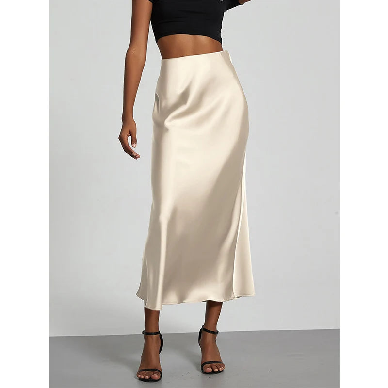 Falda larga de satén de moda para fiesta, cintura alta, color liso, informal, básica, de cola de pez, atuendo elegante de verano para mujer 2025