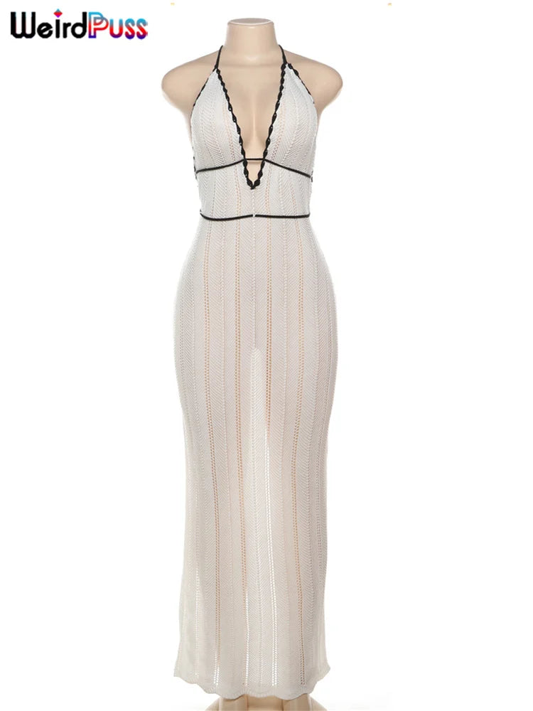 Vestido sexy y elegante con cuello halter para mujer, de verano, sin espalda, con cordones, con bloques de color, sin mangas, moderno, para discoteca, moda salvaje.
