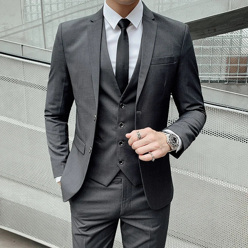Terno (blazer + colete + calça) masculino, estilo executivo, slim, cor sólida, plus size, vestido justo, casamento, padrinho