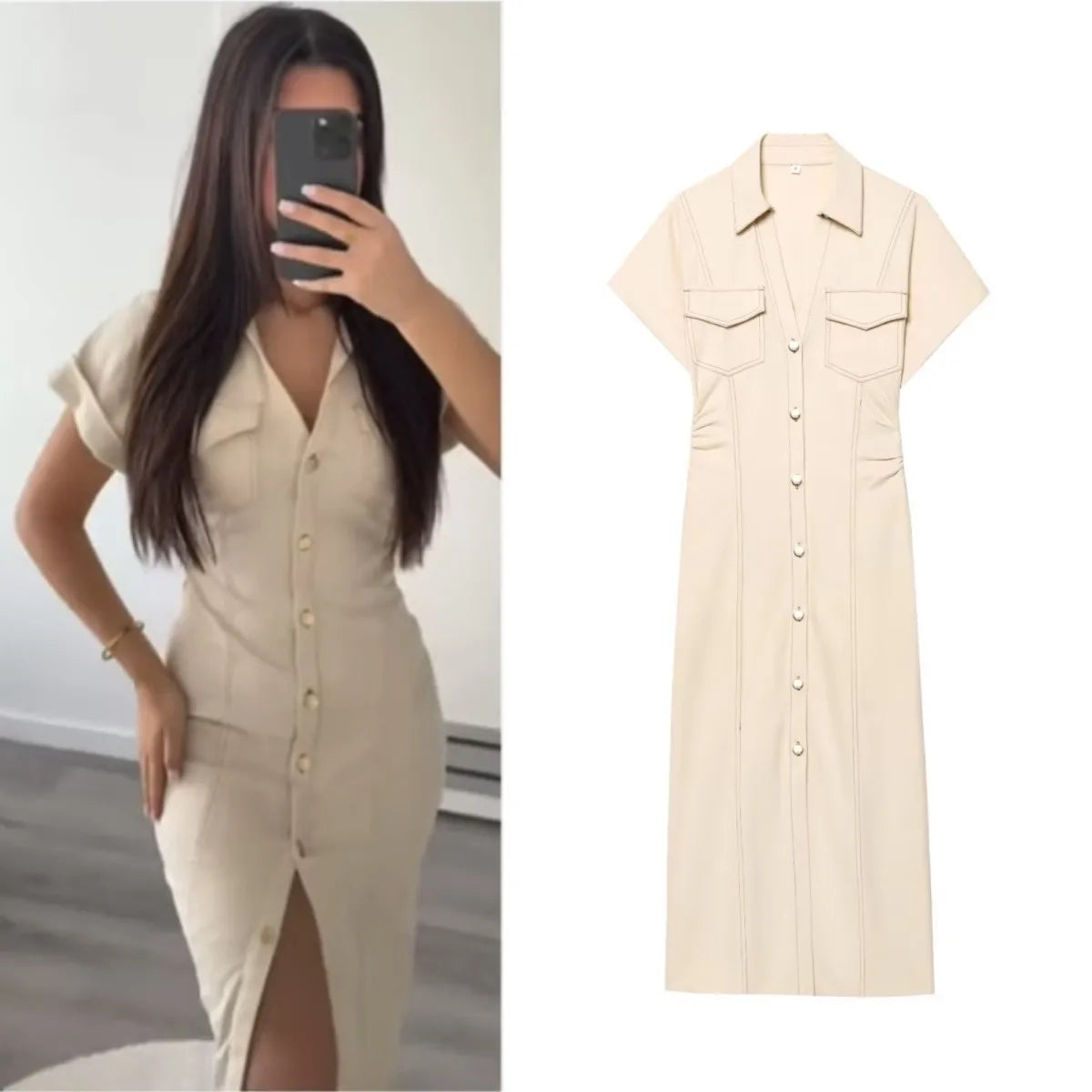 Vestido MIDI de mezclilla con solapa y cremallera lateral, estilo ETJ 2025 traf Primavera 1975, cintura arrugada, elegante y ajustado.