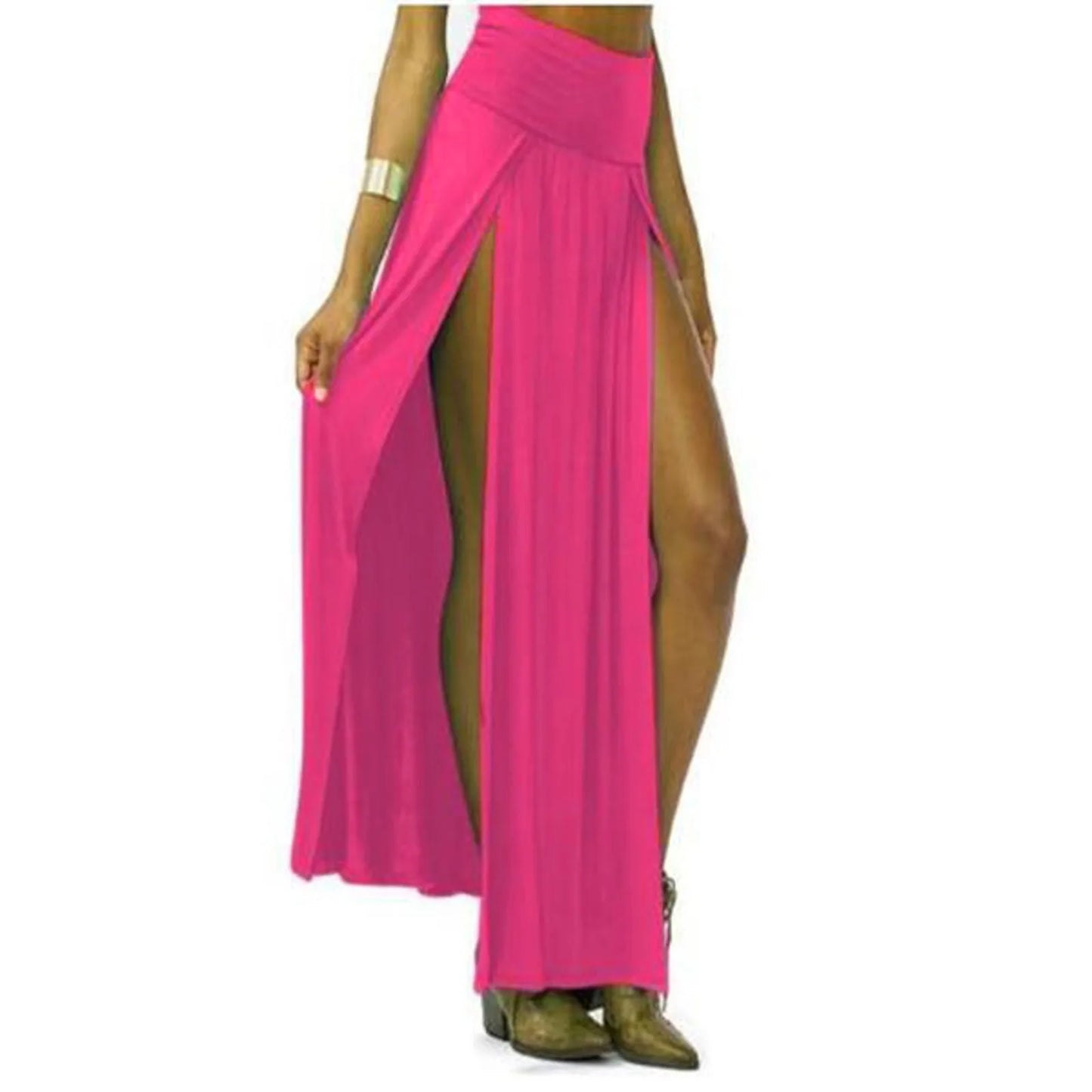 Sexy High Slit Long Skirts for Women Summer Casual Double Side Slit Beach Skirt Solid Color High Waist A-line Faldas
