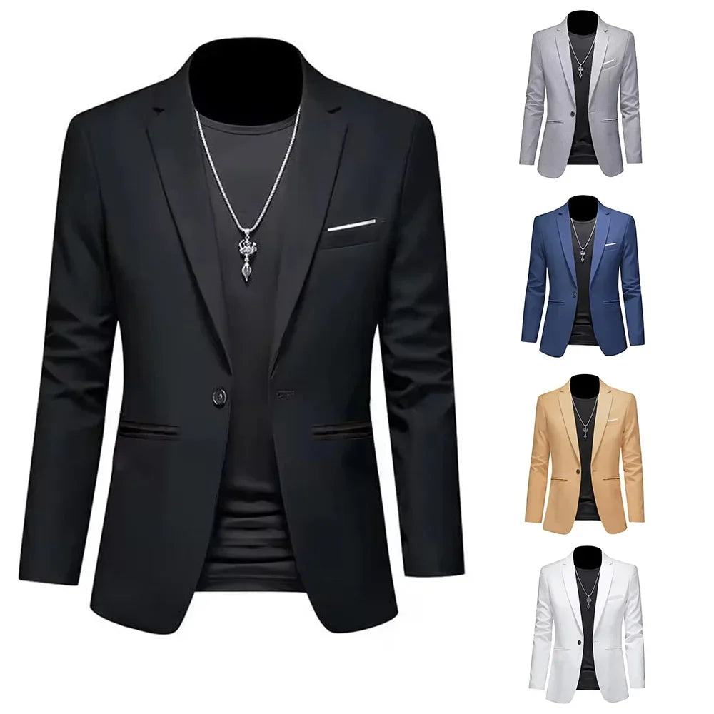 Chaqueta de traje informal de estilo boutique para hombre, de otoño, de corte entallado, sin planchado, con un solo botón, blusa formal lisa