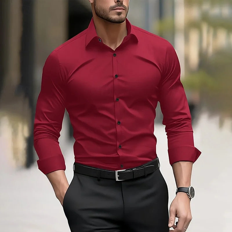 Camisa formal para hombre, color liso, para boda, exterior, negro, rojo, azul marino, verde oscuro, manga larga, solapa, ropa de verano y primavera, tallas XS-6XL