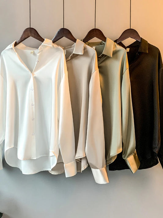 Blusa feminina de manga comprida para escritório, outono de 2023, sobrecamisa de cetim, roupa feminina elegante, estilo coreano, blusa de grife de luxo