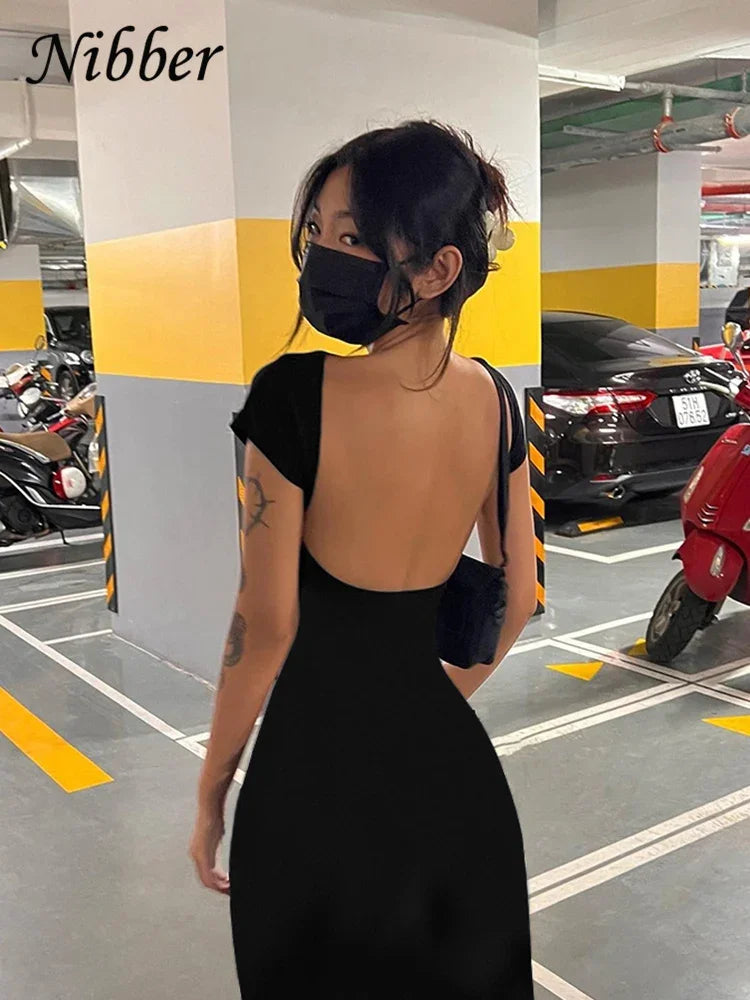 Vestido maxi sexy sin espalda Nibber sólido para mujer, elegante, elástico, ajustado, de manga corta, largo, ajustado, ropa de calle