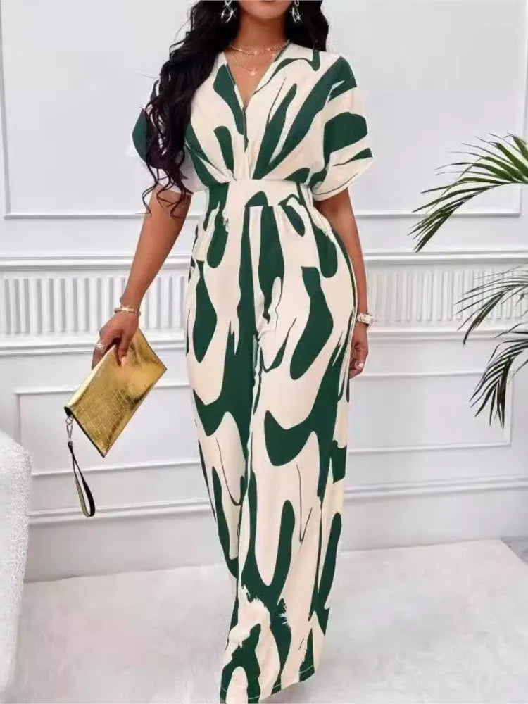 Macacão feminino da moda, manga curta, cintura alta, sexy, decote em V, estampa, perna larga, calças compridas, macacão de verão, novo, roupa casual feminina