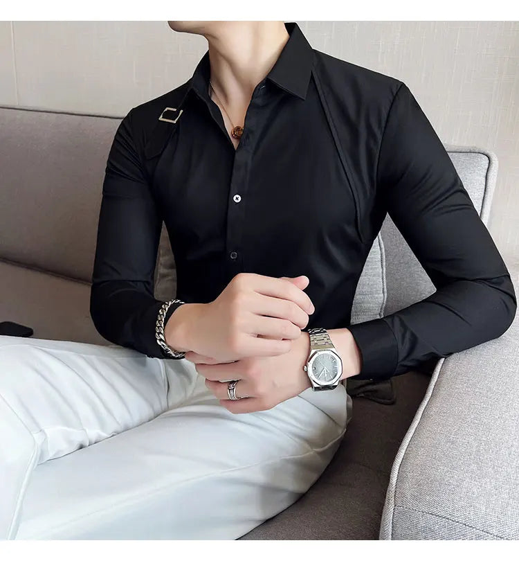Camisa con diseño decorativo de tiras, ropa para hombre 2023, camisa coreana de manga larga, corte entallado, informal, ideal para discotecas y bailes de graduación.