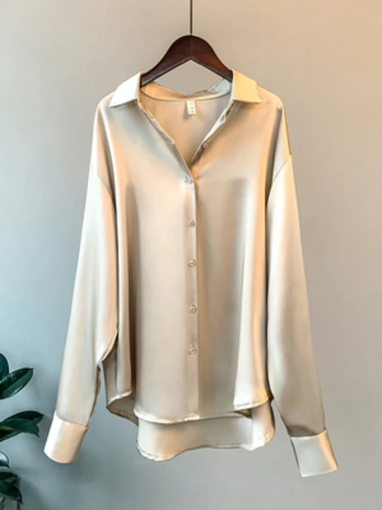 Blusa feminina de manga comprida para escritório, outono de 2023, sobrecamisa de cetim, roupa feminina elegante, estilo coreano, blusa de grife de luxo